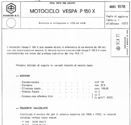 STO Vespa P150X e PX150E VLX1T - aggiornamento sino al 2001