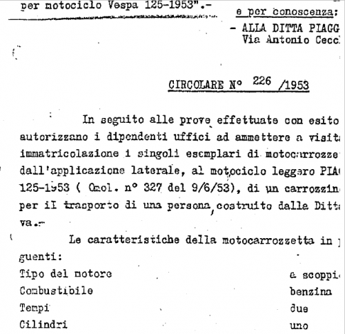 Maggiori informazioni su "Documento omologazione sidecar su Vespa 125 VM1T"	