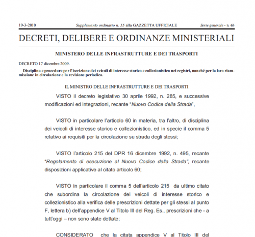Maggiori informazioni su "Decreto ministeriale 17/12/2009 per Veicoli storic"	