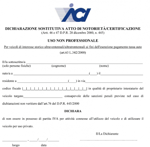 Maggiori informazioni su "Autocertificazione bollo veicolo commerciale storico"	
