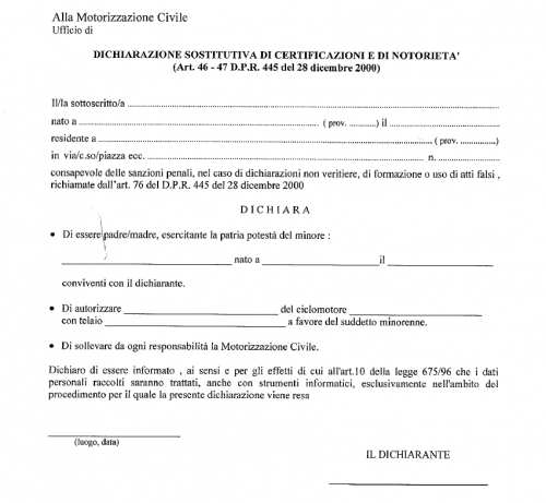 Maggiori informazioni su "Dichiarazione per intestare ciclomotore a minorenne"	