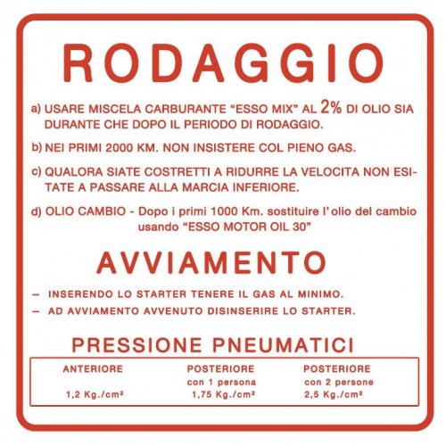Maggiori informazioni su "Decalcomania RODAGGIO - rossa - 2% - 4 marce - dal 1966"	