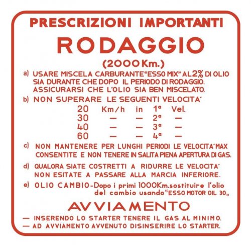 Maggiori informazioni su "Decalcomania RODAGGIO - rossa - 2% - 4 marce - fino al 1966"	
